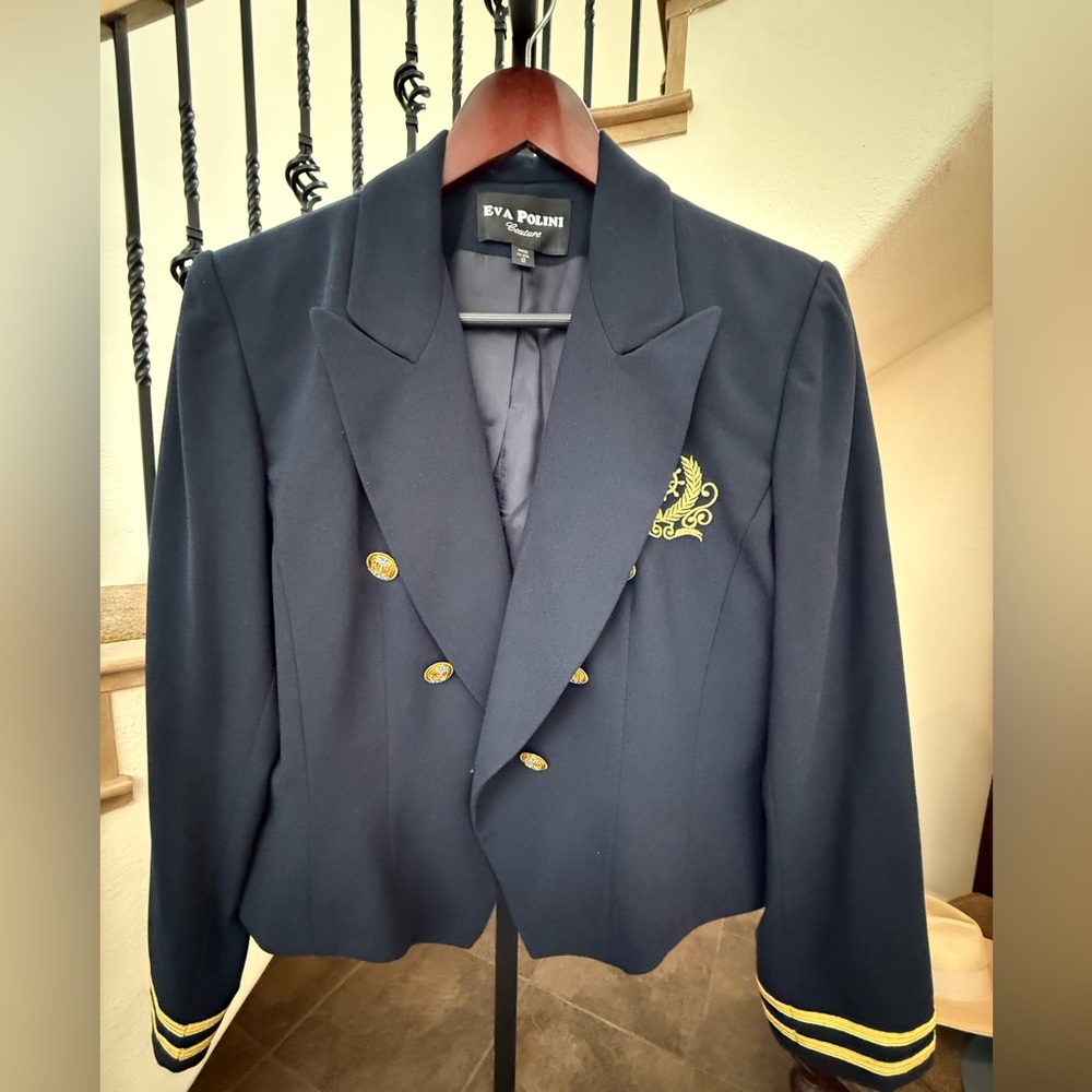 RARE VINTAGE EVA POLINI NAVY BLUE COUTURE JACKET – GOLD ANCHOR BUTTONS,OLD MONEY